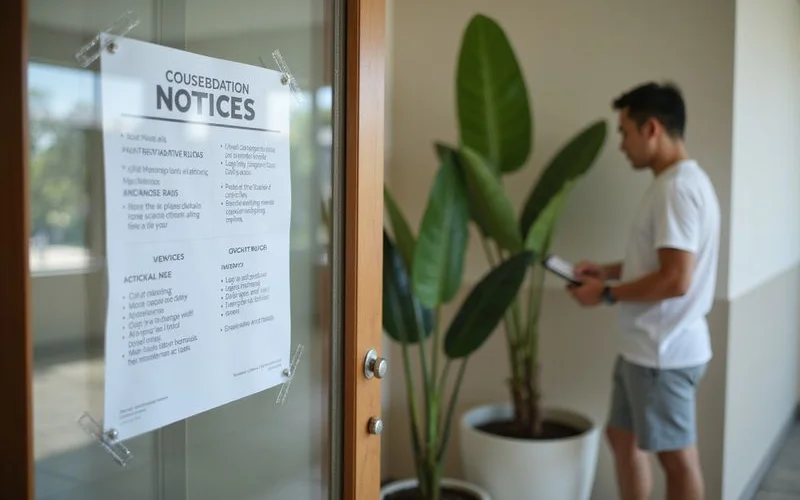 A condominium noticeboard displaying printed house rules and a pool schedule