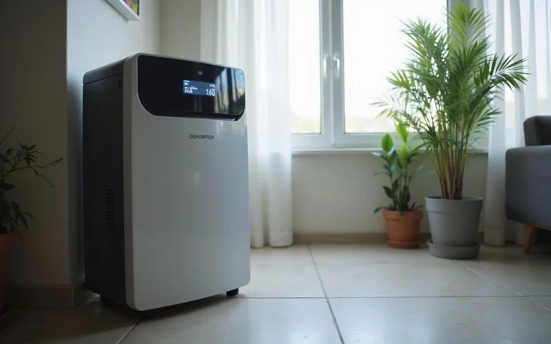 A small dehumidifier placed near a window in a bedroom to help control indoor humidity