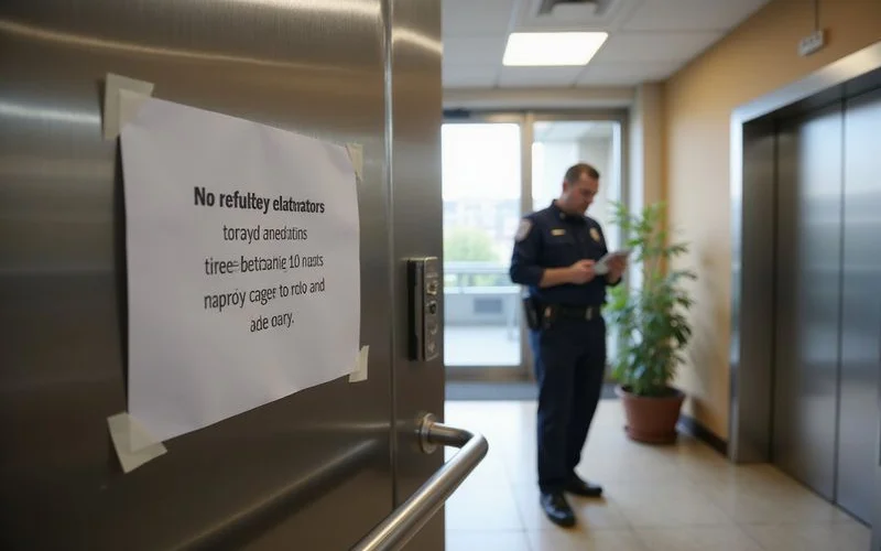 A maintenance notice posted near a condominium elevator explaining a temporary breakdown