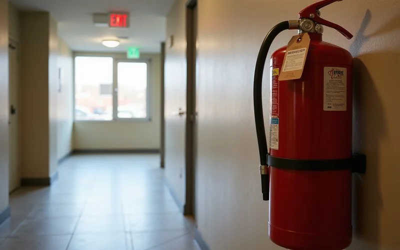 A fire extinguisher mounted on a wall in a condominium corridor with a visible inspection tag