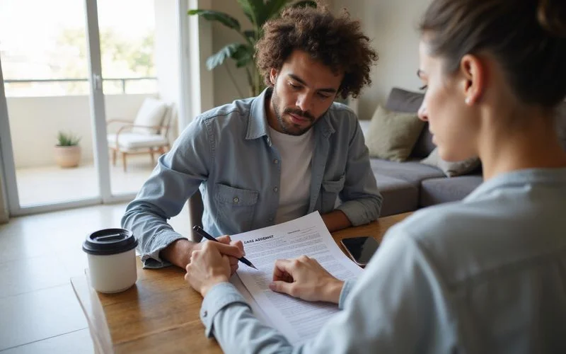 A young renter reviewing a tenancy agreement with a laptop and coffee cup on a table in a new apartment