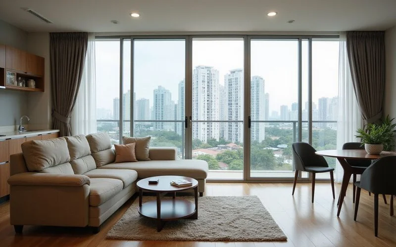 A furnished serviced residence living room with a small kitchenette visible in the background