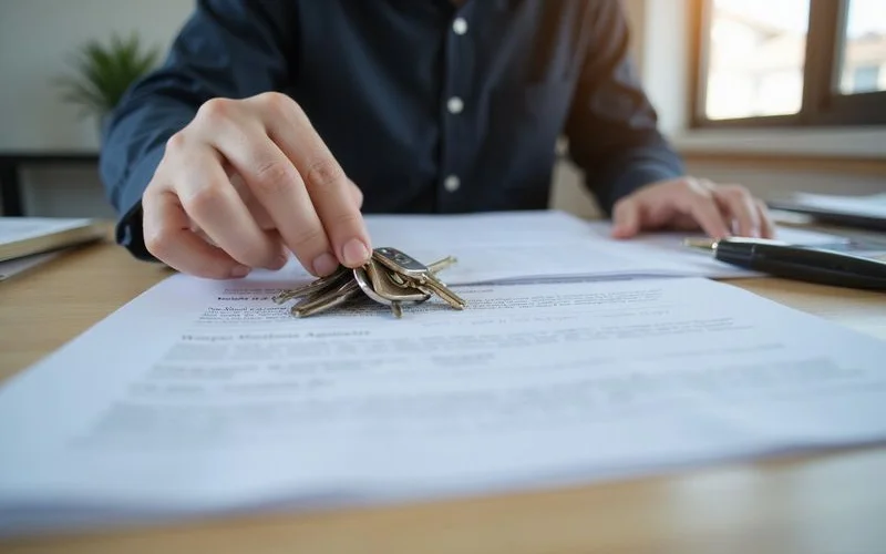A tenant handing over a set of keys and a signed notice letter to a landlord at an apartment doorway