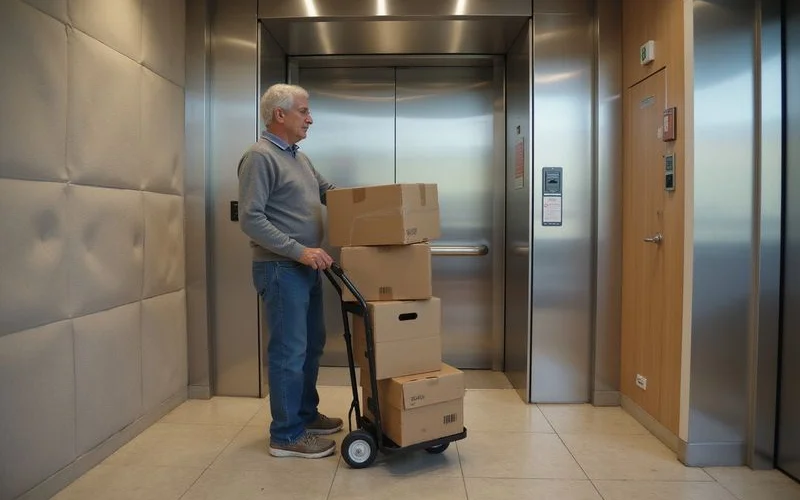 Moving boxes being loaded into a service lift in a condominium lobby with a security guard nearby