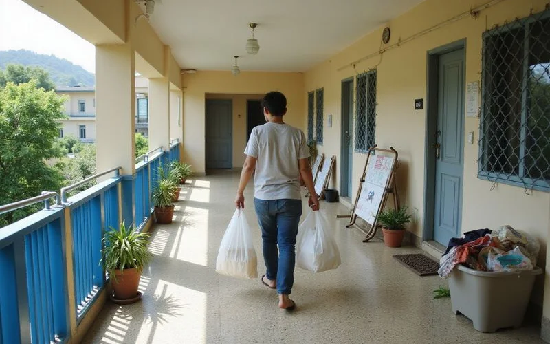 A simple, tidy apartment corridor in a low-cost flat building with natural light from an open window