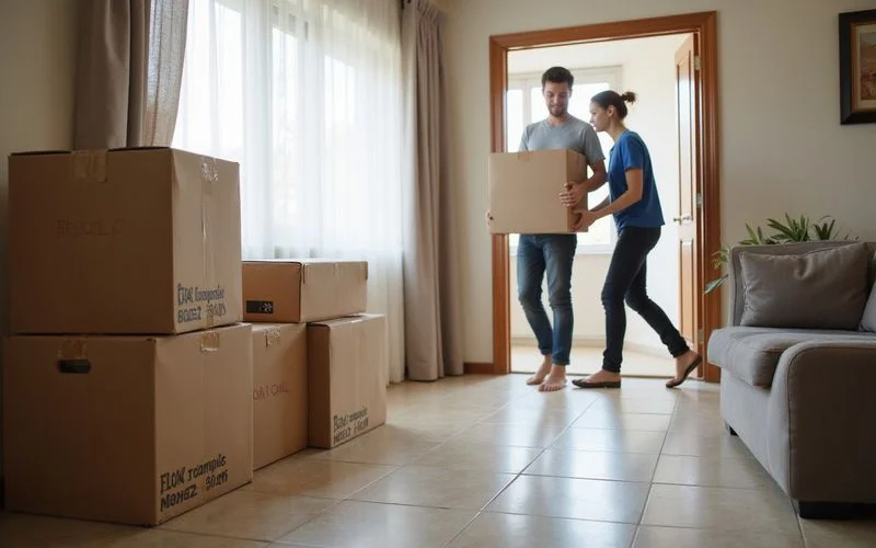 Moving boxes stacked near the entrance of an apartment unit with a checklist taped to one of the boxes