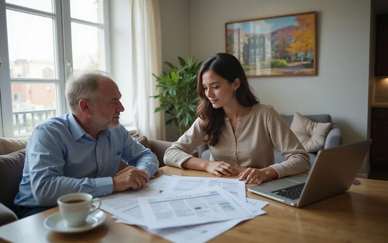 A parent and student reviewing a floor plan and checklist together on a laptop at a kitchen table
