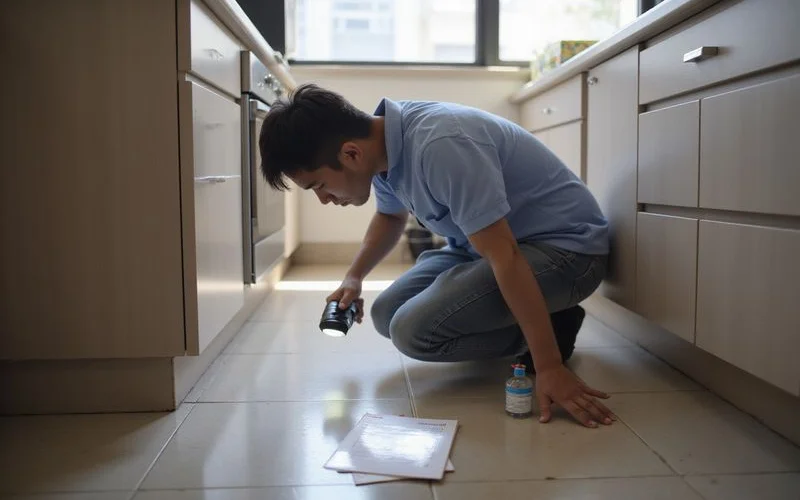 A pest control technician inspecting a kitchen area near pipes under a sink in an apartment unit