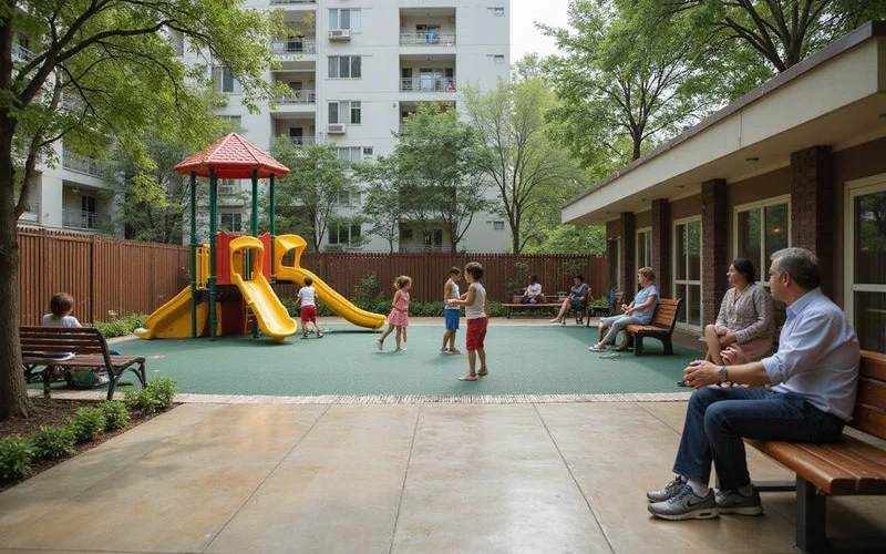 Children playing on a playground inside a residential apartment complex with a pool visible in the background