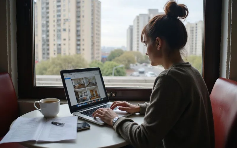 A packed suitcase and moving boxes next to a laptop showing apartment listings for a relocation