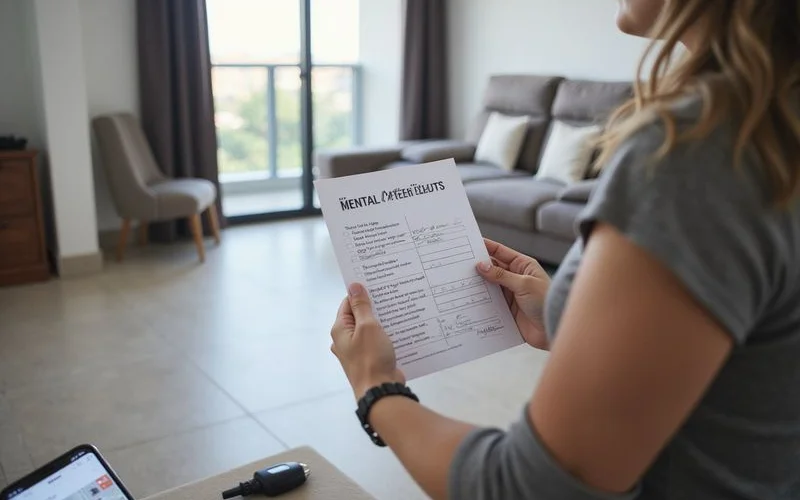 A rental viewing checklist on a clipboard next to keys and a small potted plant on a table in a Petaling Jaya apartment