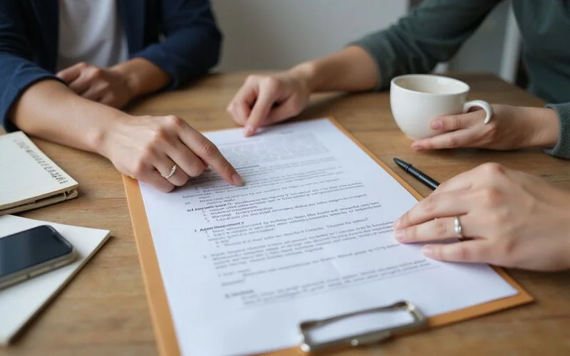 A tenant and landlord reviewing a printed tenancy agreement together at a table with a pen and calculator