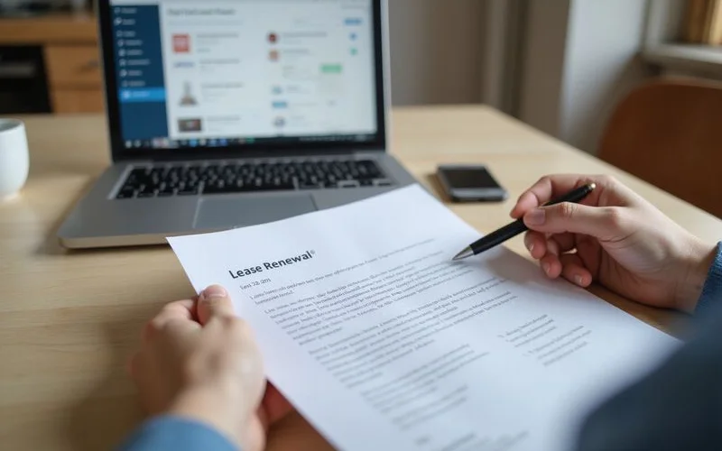 A tenant reviewing a lease renewal letter at a desk with a calendar showing an upcoming date