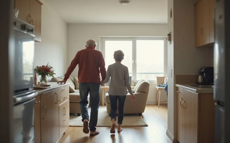 An older adult being shown around a bright, well-maintained apartment living room by a family member