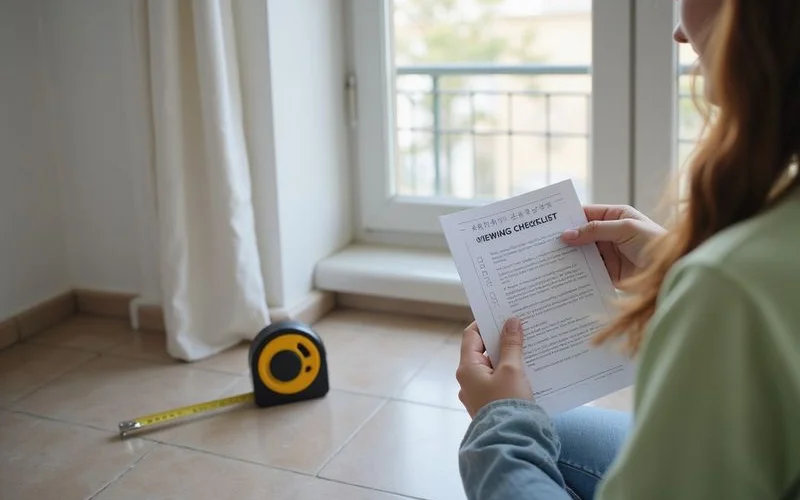 A person taking notes on a checklist while standing in an empty apartment living room during a viewing