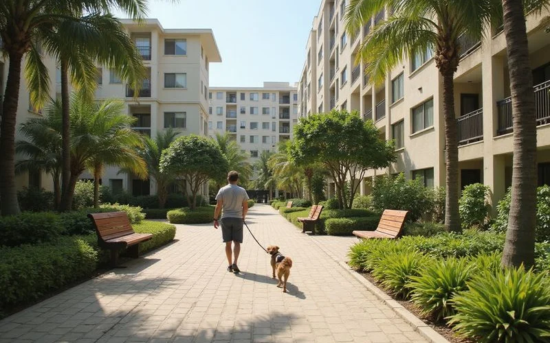 A small dog on a leash walking with its owner through a landscaped apartment complex garden
